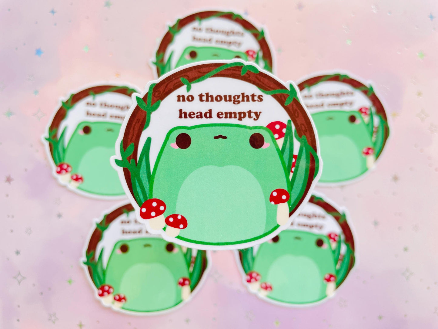 Kawaii Frog Sticker "No Thoughts Head Empty" | Cute Frog Mushroom Sticker