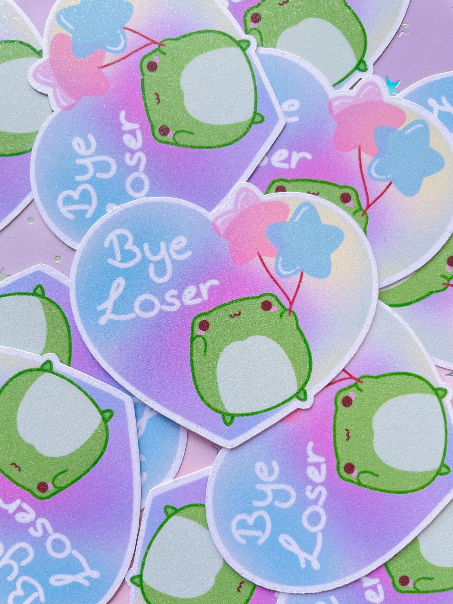 Kawaii Balloon Frog Sticker | Pastel Aesthetic Vinyl Glitter Sticker