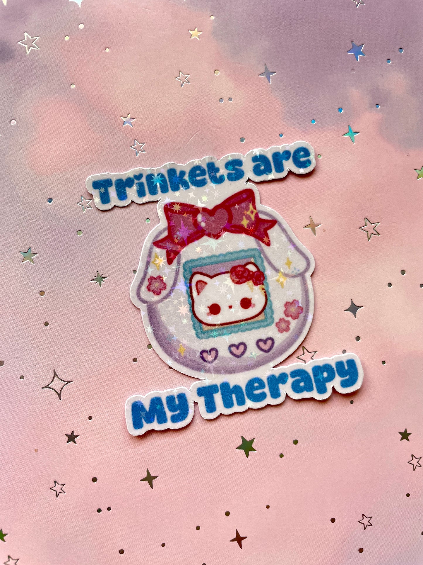 Tamagotchi Cat Sticker | 'Trinkets are my therapy.'