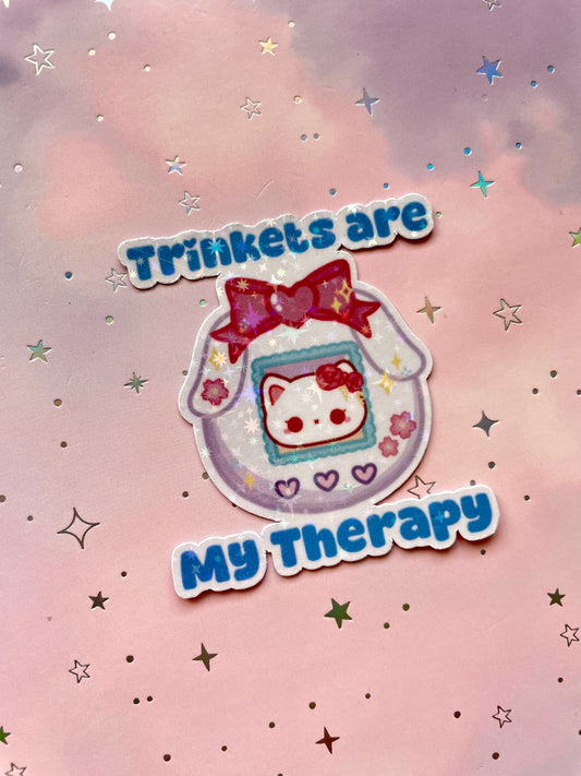 Tamagotchi Cat Sticker | 'Trinkets are my therapy.'