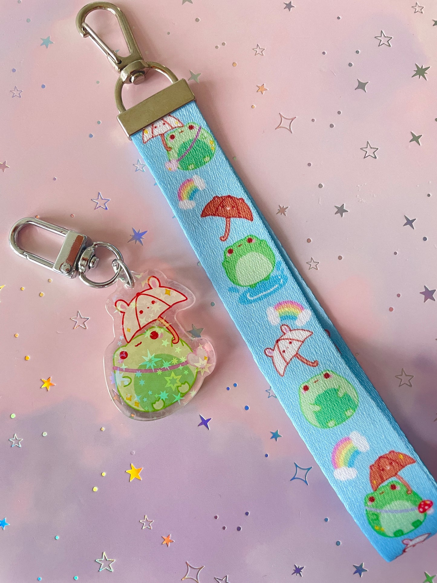 Rainbow Weather Frog Lanyard with Charm | Frog Holo Keychain