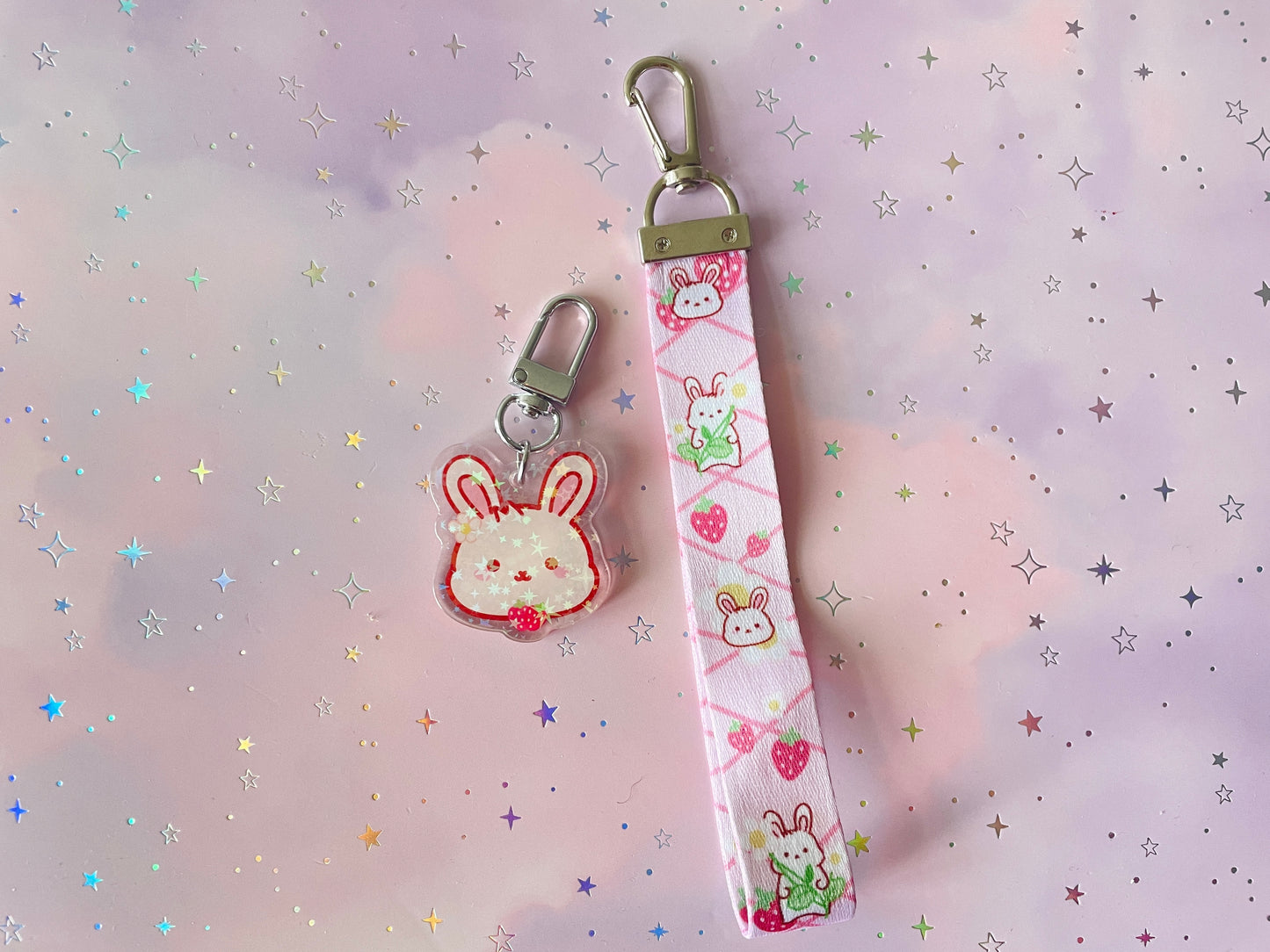 Strawberry Bunny Lanyard with Keychain | Rabbit Charm