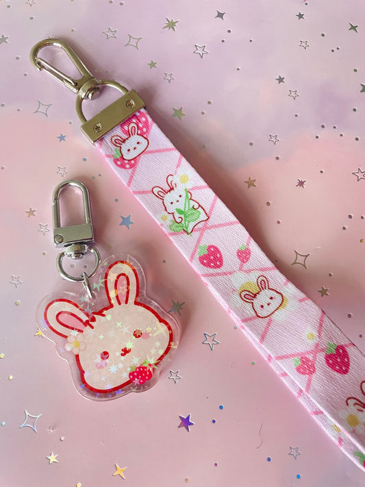Strawberry Bunny Lanyard with Keychain | Rabbit Charm
