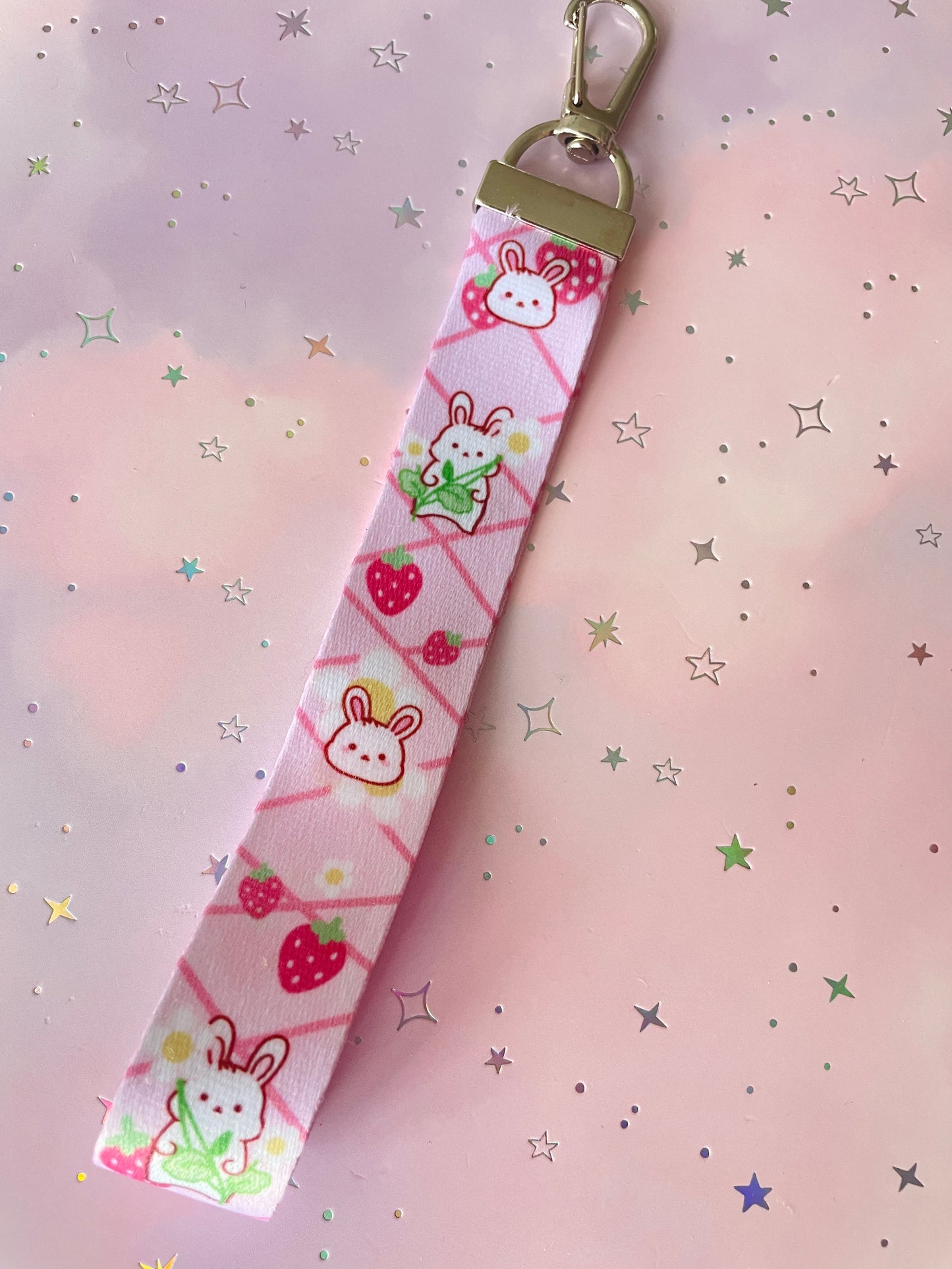 Strawberry Bunny Lanyard with Keychain | Rabbit Charm