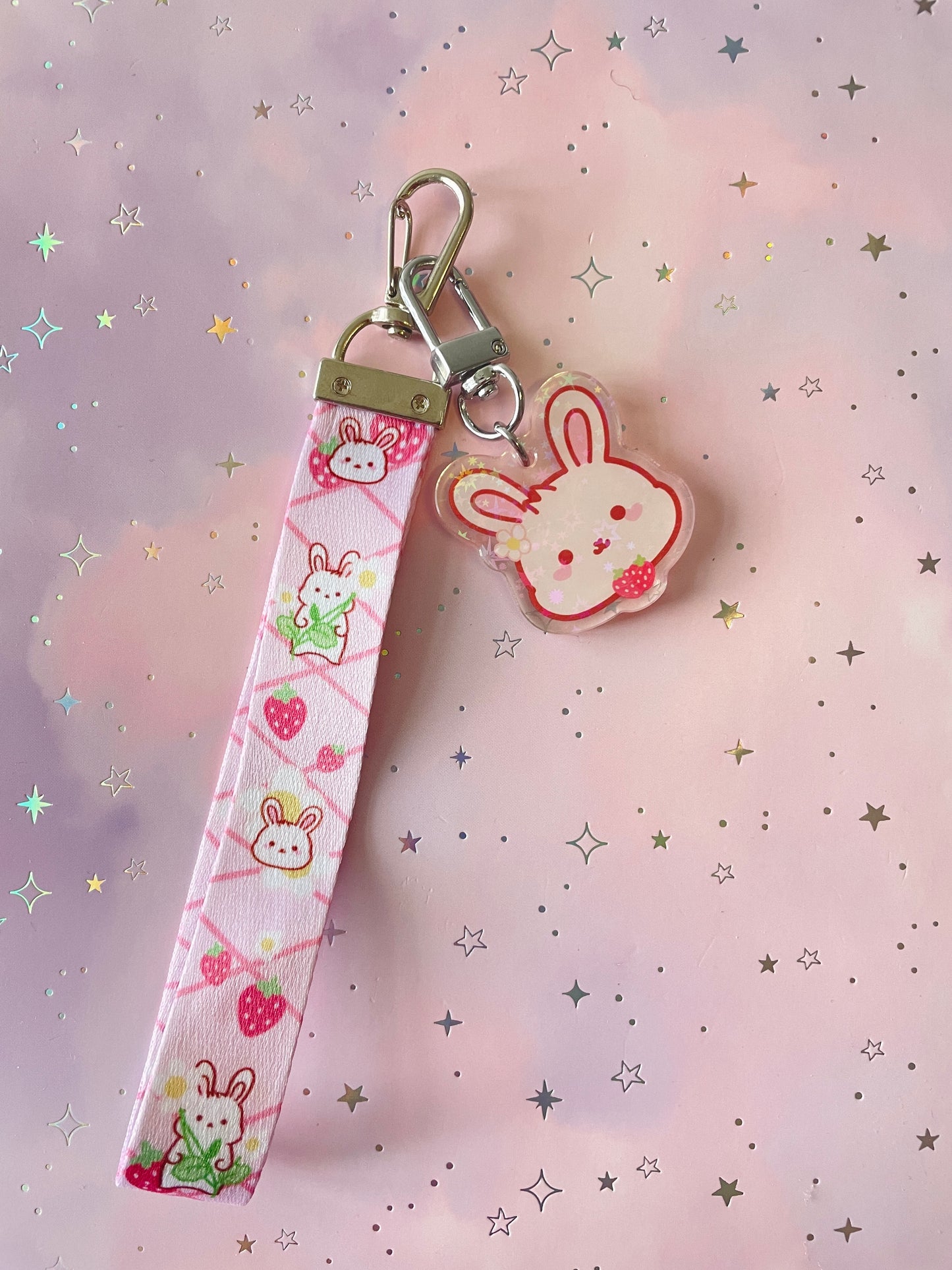 Strawberry Bunny Lanyard with Keychain | Rabbit Charm