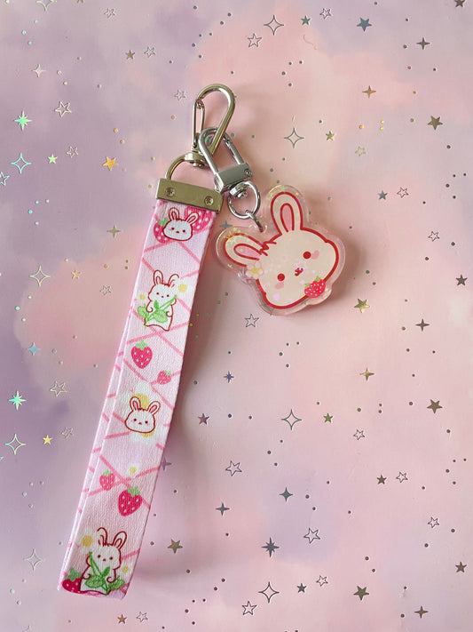 Strawberry Bunny Lanyard with Keychain | Rabbit Charm