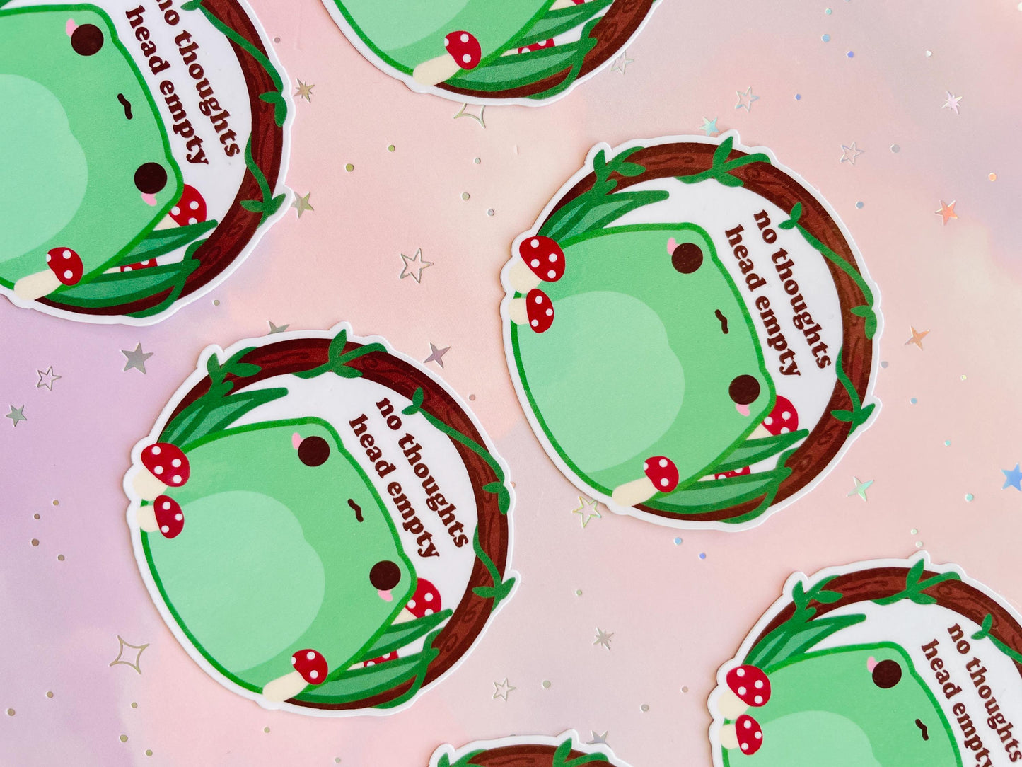 Kawaii Frog Sticker "No Thoughts Head Empty" | Cute Frog Mushroom Sticker